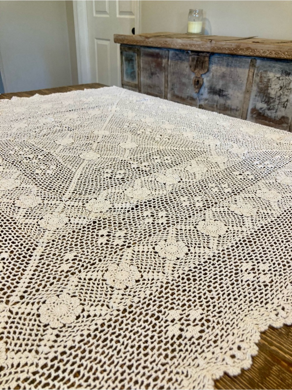Crochet Square Tablecloth Cream Colored Boho Decor